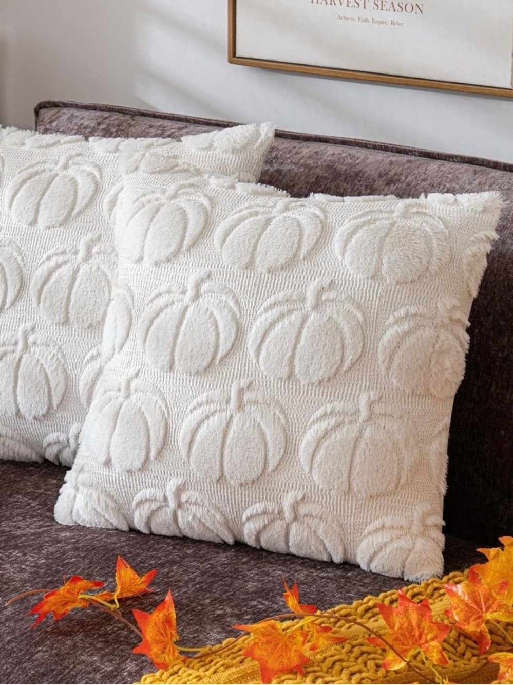 Set of 2 Cream White Pumpkin Throw Pillow Covers 20x20 Fall Farmhouse Decor 🎃🍂